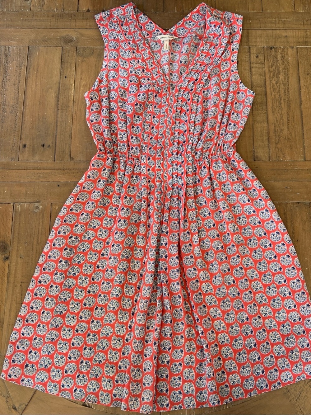Rebecca Taylor Ditzy Floral Print 100% Silk Dress Size 4 Red Blue V-neck Preppy